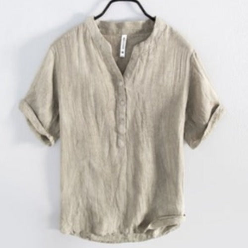 Importé - Chemise Homme en lin col v décontracté manches courtes