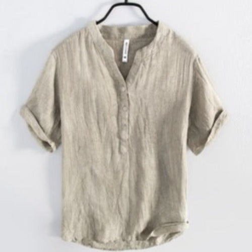Importé - Chemise Homme en lin col v décontracté manches courtes