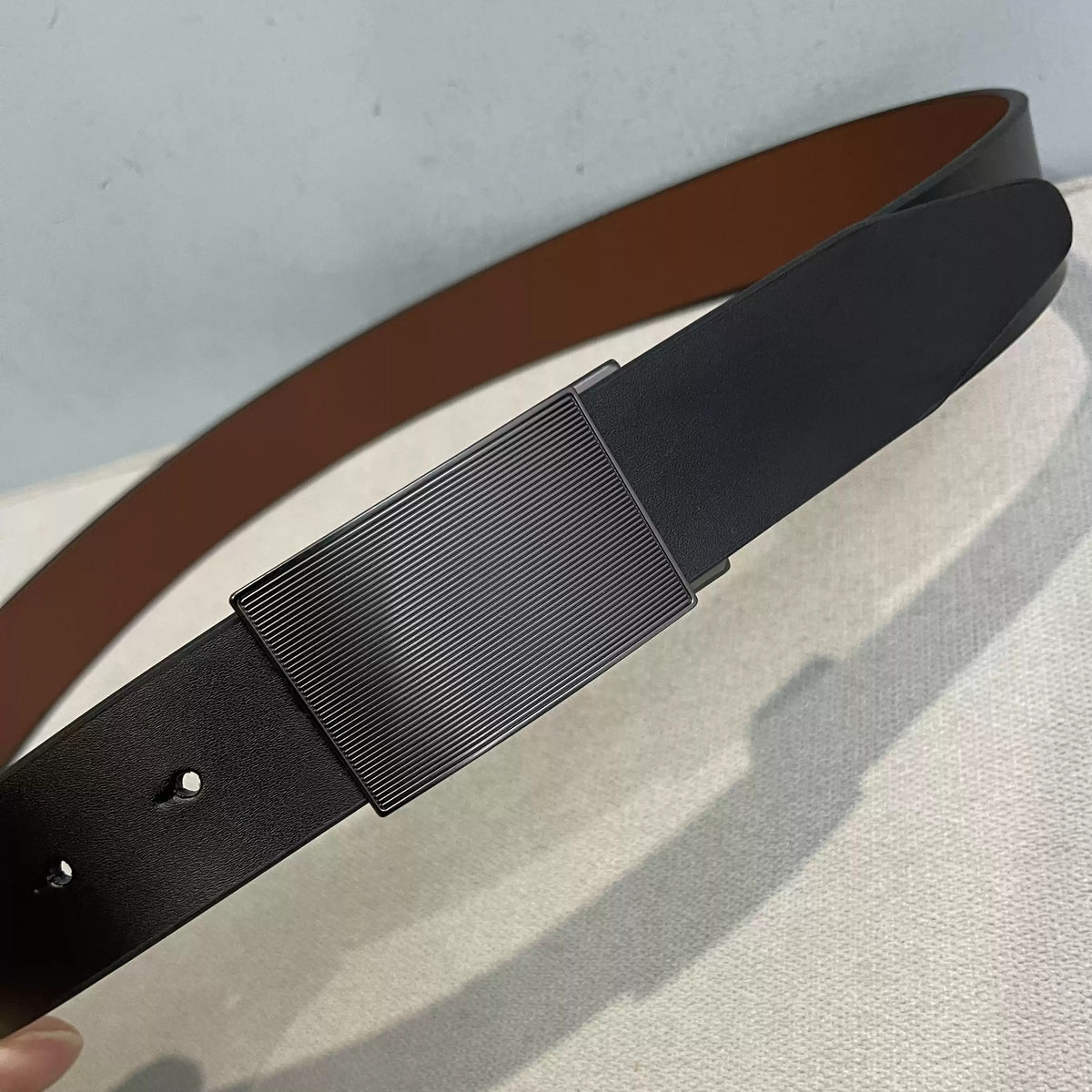 Importé - Ceinture Homme en Cuir Véritable Noir, Boucle Automatique 3,3 cm