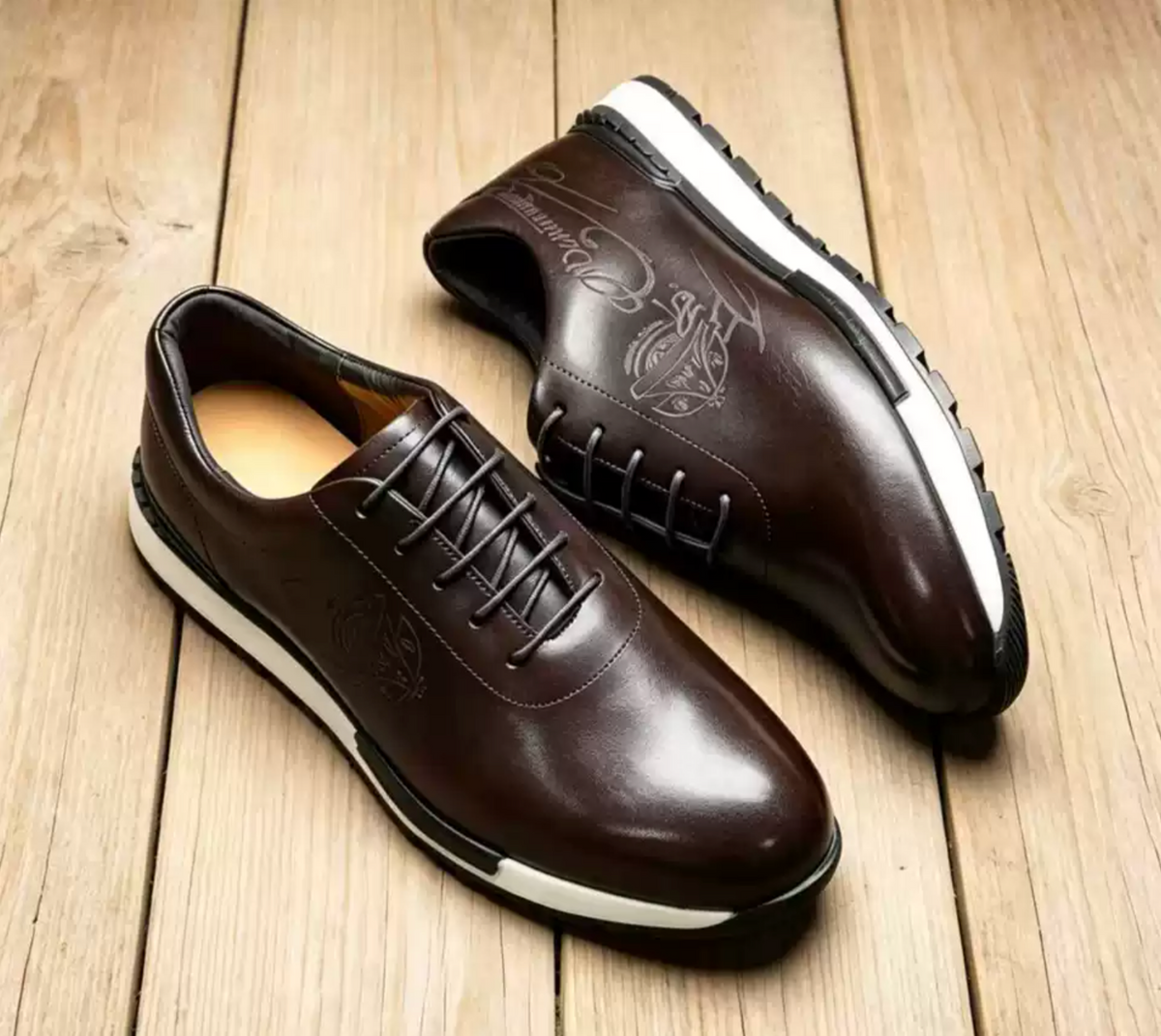 Importé - Chaussures Homme en Cuir Gravé Effet Patiné Semelle Épaisse à Lacets