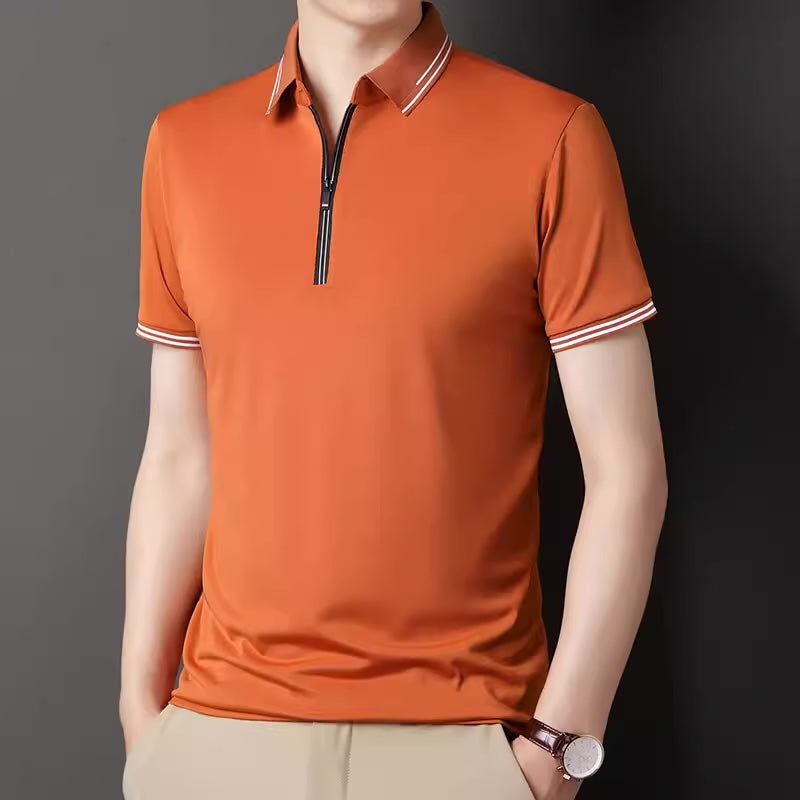 Importé - Polo T-shirt Homme Slim Fit Col Zip en Soie Glacée