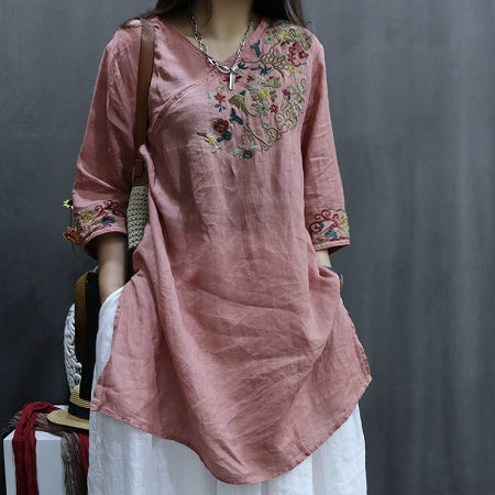 Importé - Chemisier Femme Lin Col En V Rétro Manches Mi-Longue