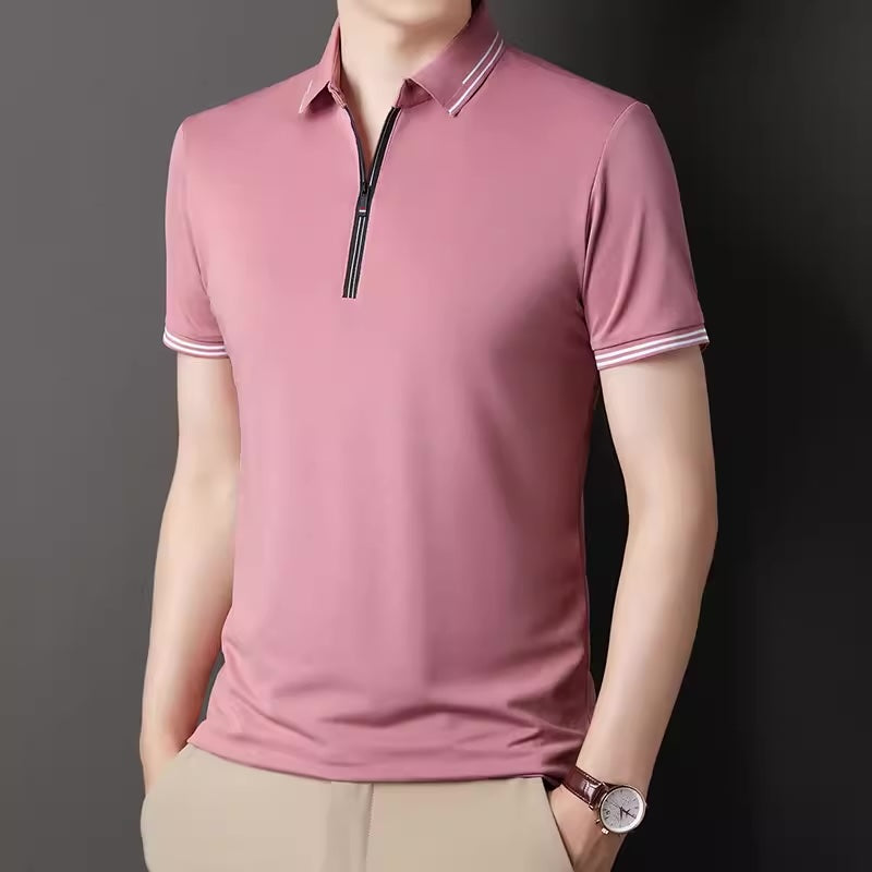 Importé - Polo T-shirt Homme Slim Fit Col Zip en Soie Glacée