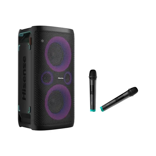 HAUT-PARLEUR SANS FIL AVEC 2 MICROS HISENSE PARTY ROCKER ONE PLUS - 300W - 15H D’AUTONOMIE - FONCTION DE CHARGE DE TÉLÉPHONE PAR INDUCTION - PARTY ROCKER ONE PLUS