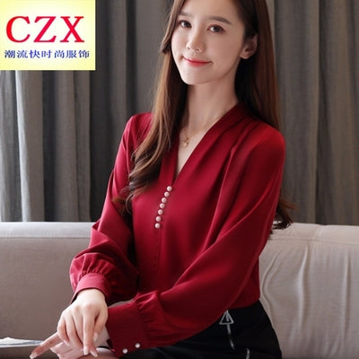 Importé - Chemisier Femmes Col En V Manches Longues En Soie