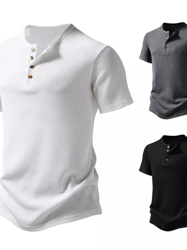 Importé - T-Shirt Homme A col Henry Manches Courtes 4 Boutons 100% Coton