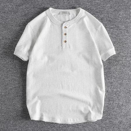 Importé -  T-Shirt Coton Homme Col Henry Manches Courtes