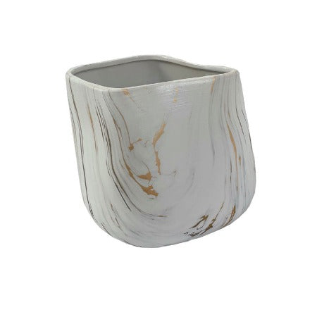 Vase-Blanc-Dore-Effet Marbre-24x19x24cm