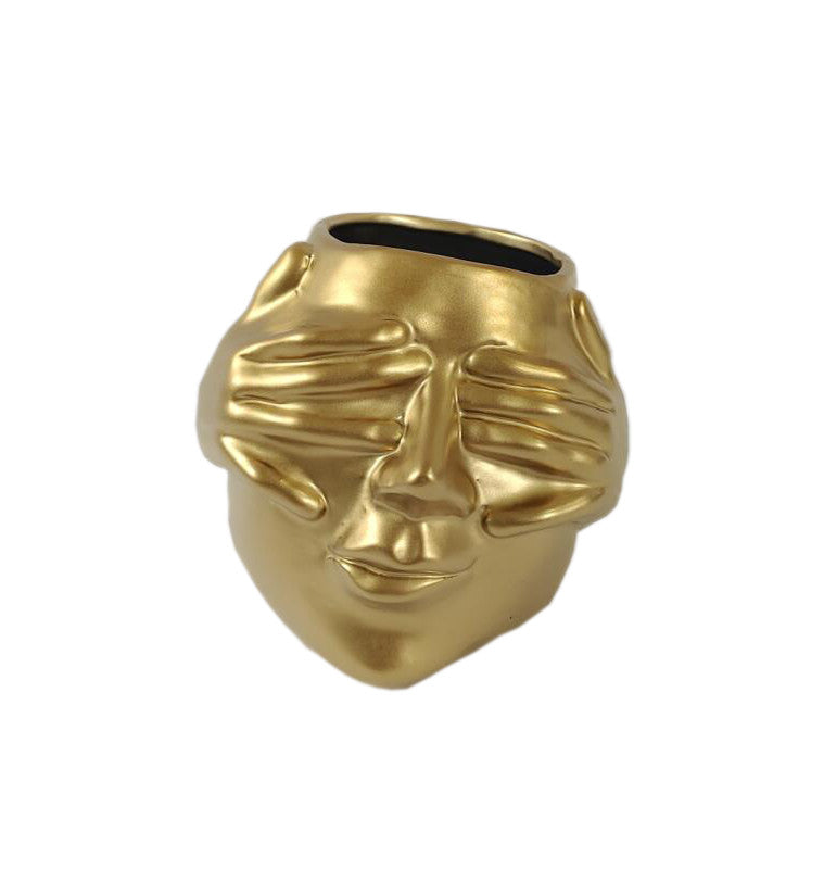 Vase en Ceramique Dore Forme Visage Yeux Caches-22,5×23,5cm