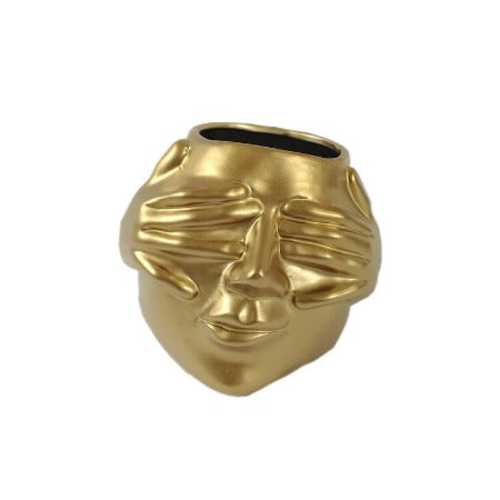 Vase en Ceramique Dore Forme Visage Yeux Caches-22,5×23,5cm