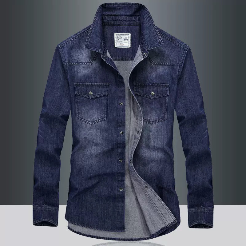 Importé - Chemise Jean Délavé Homme Rétro Manches Longues