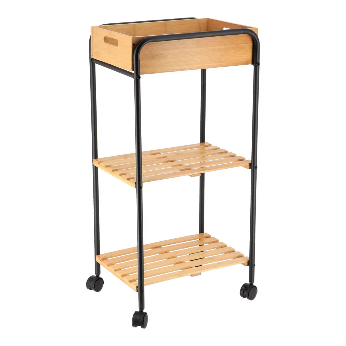 DESSERTE DE SDB METAL/BAMBOU – 2ETAGERES/1 PANIER – NATUREL NOIR