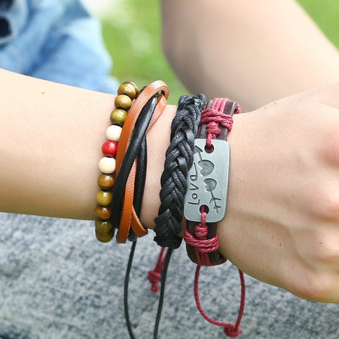 Importé - Ensemble Bracelets Mixte pour Homme Femme Mélange Cuir et Perles