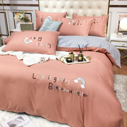 Importé - Ensemble Drap De Lit 4 Pièces Brodé + Housse de Couette 100% Coton