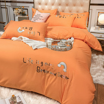Importé - Ensemble Drap De Lit 4 Pièces Brodé + Housse de Couette 100% Coton