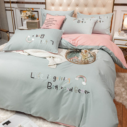 Importé - Ensemble Drap De Lit 4 Pièces Brodé + Housse de Couette 100% Coton