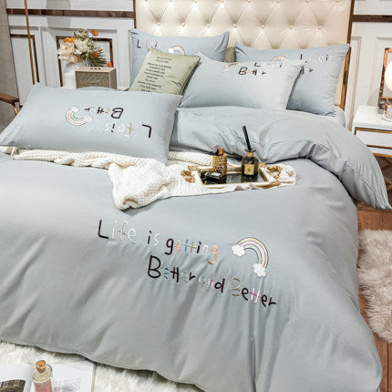 Importé - Ensemble Drap De Lit 4 Pièces Brodé + Housse de Couette 100% Coton