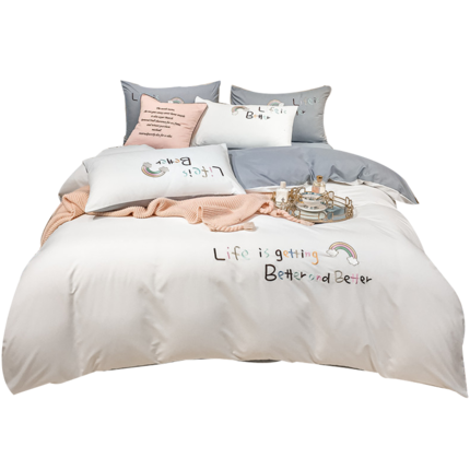 Importé - Ensemble Drap De Lit 4 Pièces Brodé + Housse de Couette 100% Coton