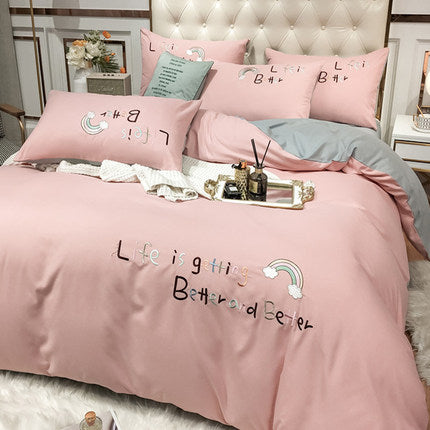 Importé - Ensemble Drap De Lit 4 Pièces Brodé + Housse de Couette 100% Coton