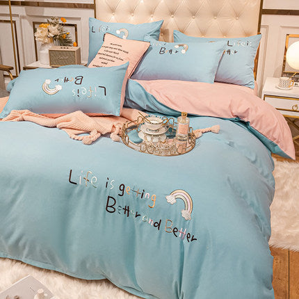 Importé - Ensemble Drap De Lit 4 Pièces Brodé + Housse de Couette 100% Coton