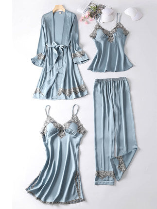 Importé - Ensemble Pyjamas Nuisette Femme 4 Pièces Manche Longue En Detelle