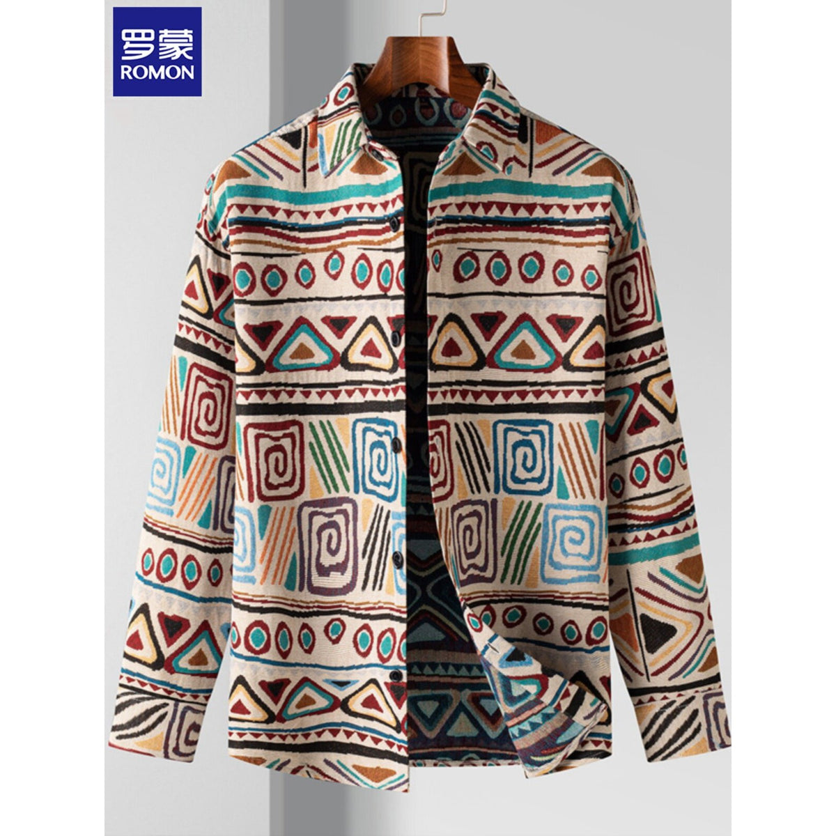 Importé - Veste-Chemise Homme Manches Longues ROMON Tweed Motif Ethnique Style Rétro - 19YZ24695