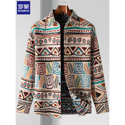 Importé - Veste-Chemise Homme Manches Longues ROMON Tweed Motif Ethnique Style Rétro - 19YZ24695