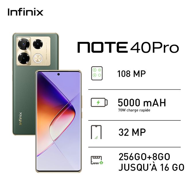 Infinix NOTE 40 Pro - 6.78" - 4G - 2xSIM - 256/8 Go - 108 Mpx - 12 Mois Garantie