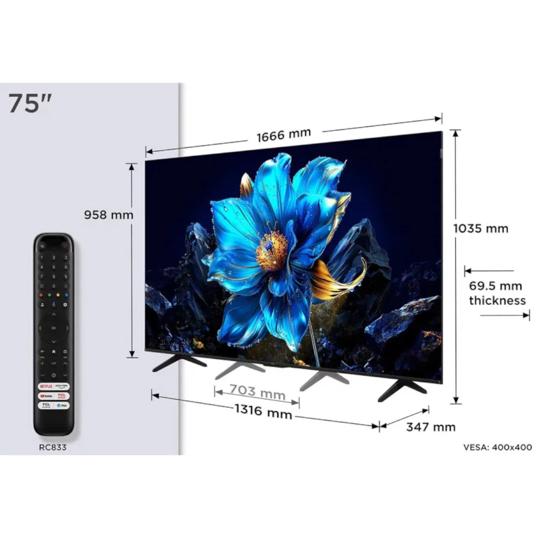 TCL QLED GOOGLE TV 75'' 4K UHD AIPQ PROCESSOR - 75P7K