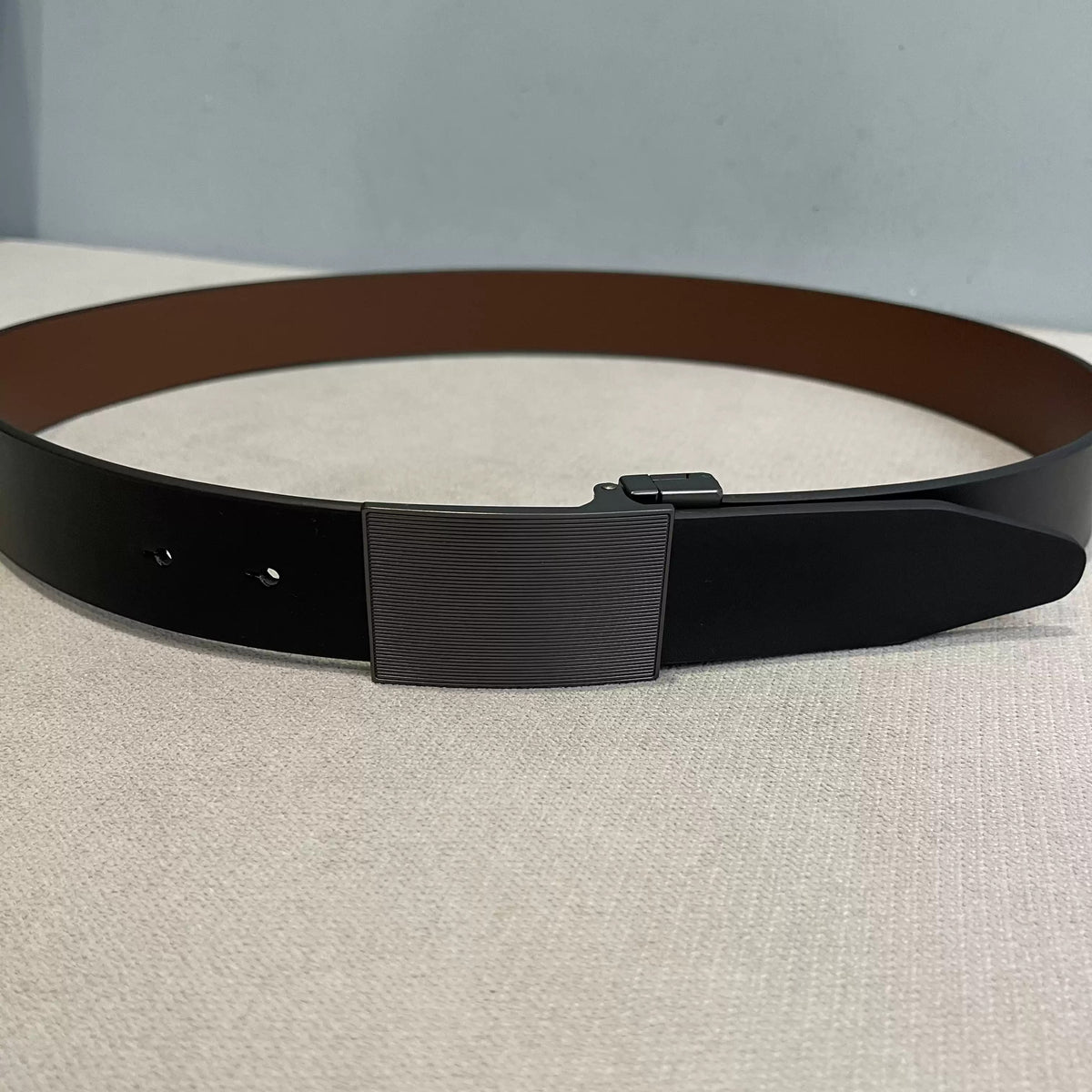Importé - Ceinture Homme en Cuir Véritable Noir, Boucle Automatique 3,3 cm