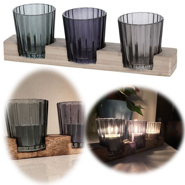 PHOTOPHORE EN VERRE-3PCS-SUR SOCLE EN BOIS