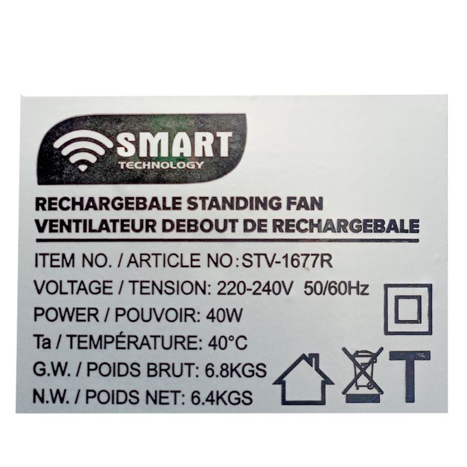SMART TECHNOLOGY VENTILATEUR RECHARGEABLE 16" +R.CONTROL - Blanc - STV-1677R- Garantie 1 Mois