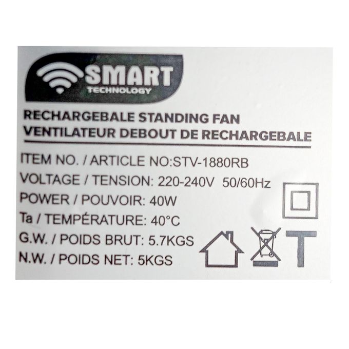 SMART TECHNOLOGY Ventilateurs 18" Rechargeable Avec Télécommande-STV-1880RB
