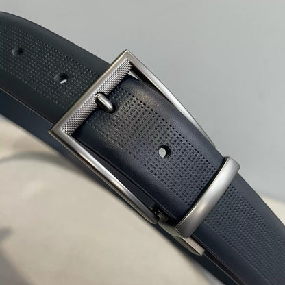Importé - Ceinture Homme en Cuir Véritable Bleu Foncé, Boucle Ardillon 3,3 cm