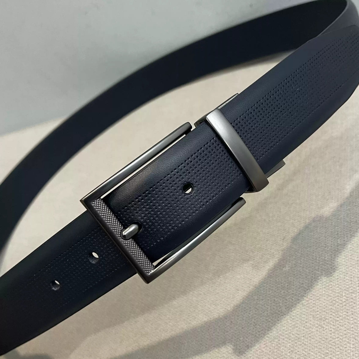 Importé - Ceinture Homme en Cuir Véritable Bleu Foncé, Boucle Ardillon 3,3 cm