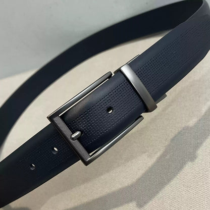 Importé - Ceinture Homme en Cuir Véritable Bleu Foncé, Boucle Ardillon 3,3 cm