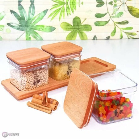 BOITE A PROVISION EN PLASTIQUE-3PCS-COUVERCLE EN BOIS