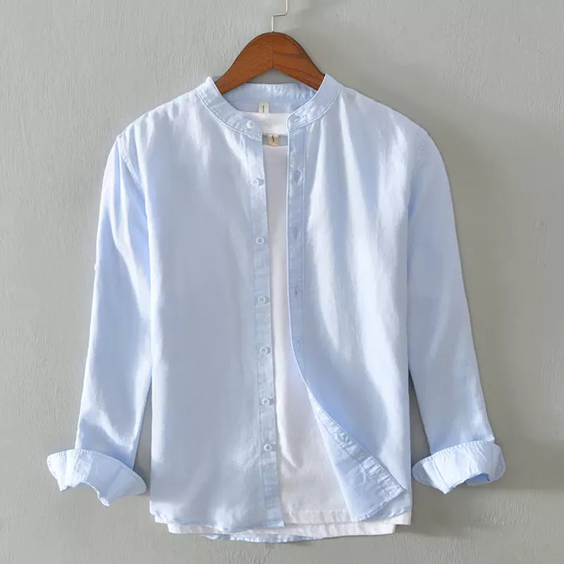 Importé - Chemise Homme Coton Lin Col Mao Manche Longue