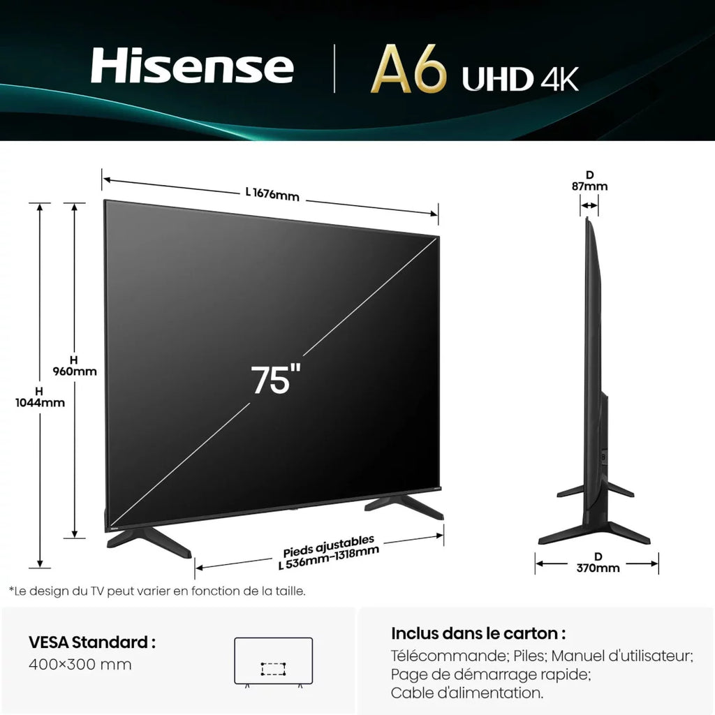 HISENSE TV LED 75'' CONNECTEE VIDAA 4K UHD - APPLE HOME - 75A6Q