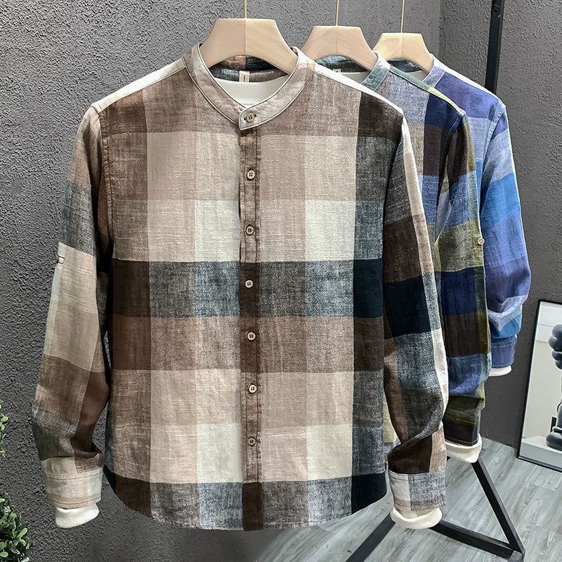 Importé - Chemise Homme Lin Carreau Manche Longue