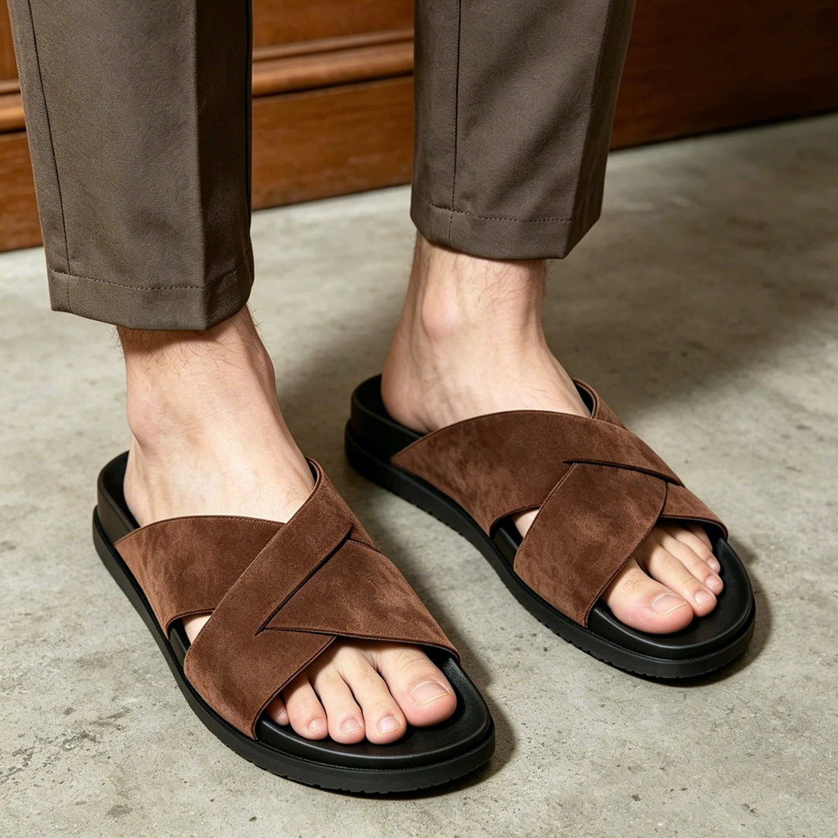 Importé - Sandale  100% Cuir  De Daim Homme Antidérapantes Et Confortable