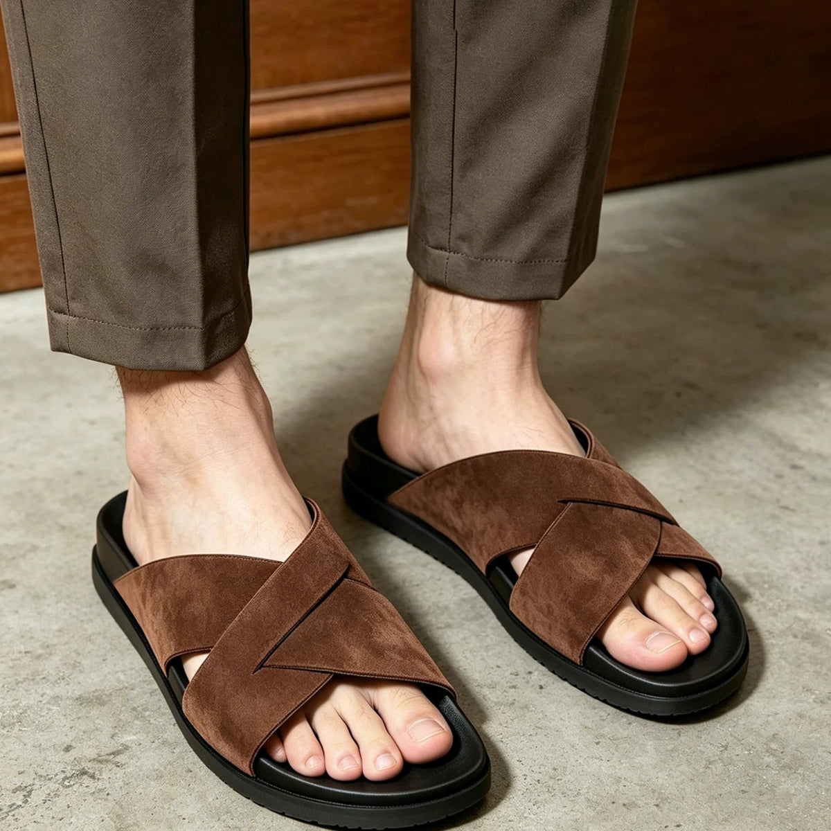 Importé - Sandale  100% Cuir  De Daim Homme Antidérapantes Et Confortable