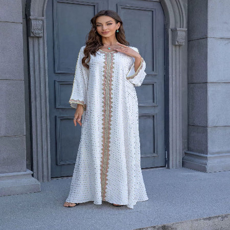 Importé -  Boubou Légère Femme Col en V Avec Broderies  Dorée