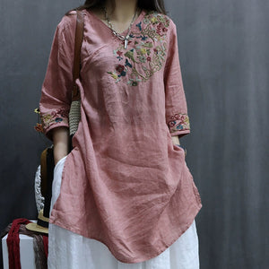 Importé - Chemisier Femme Lin Col En V Rétro Manches Mi-Longue