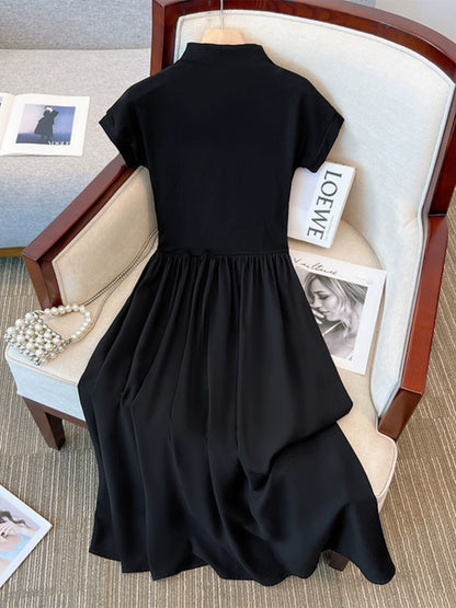 Importé - Robe Française Mi-Haut Col rond Tendance - Noir