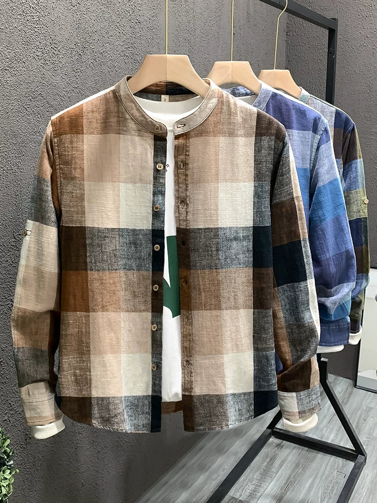 Importé - Chemise Homme Lin Carreau Manche Longue