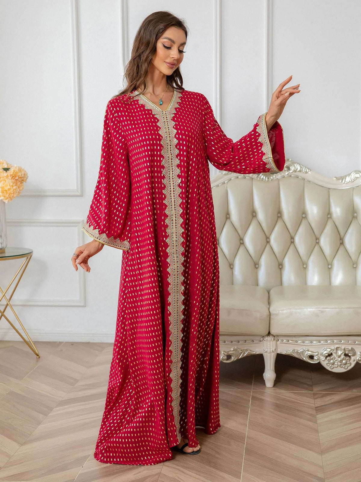 Importé -  Boubou Légère Femme Col en V Avec Broderies  Dorée