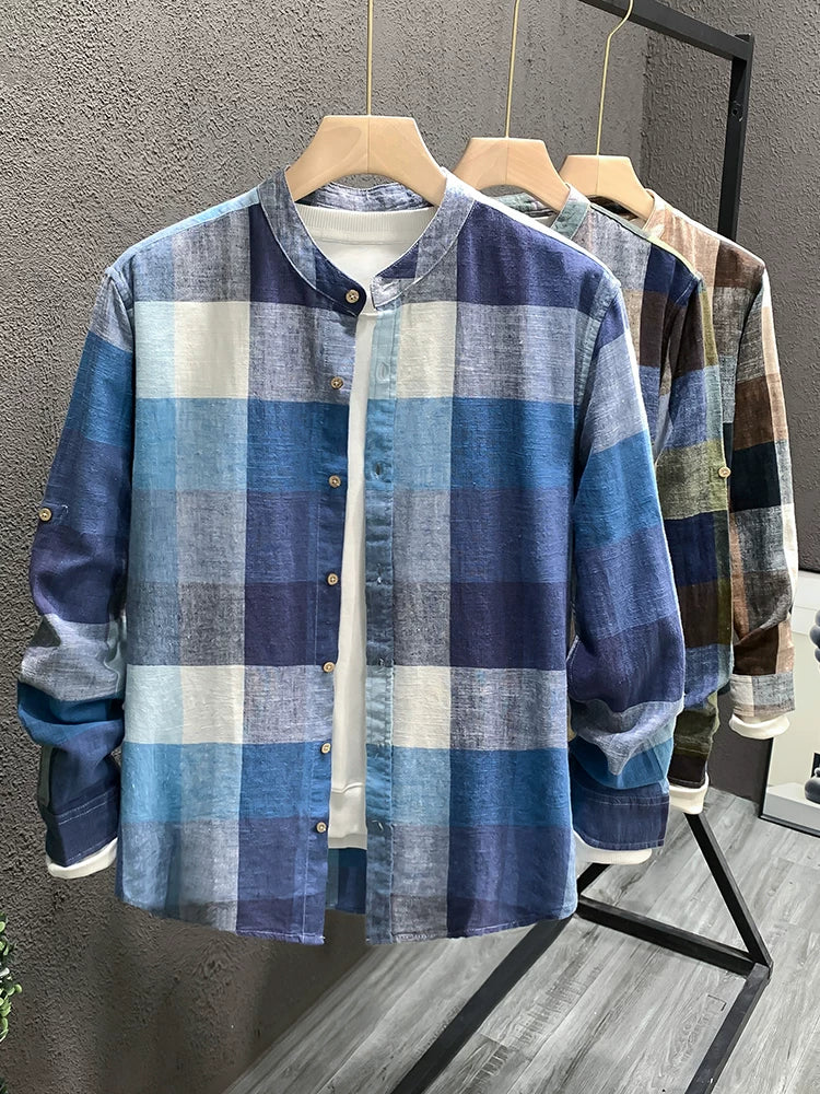 Importé - Chemise Homme Lin Carreau Manche Longue