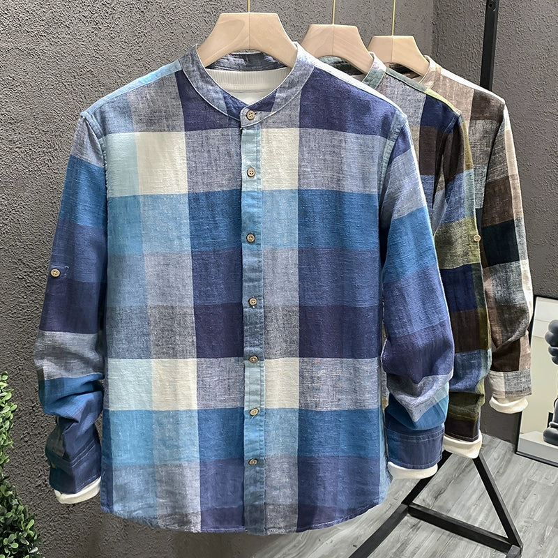 Importé - Chemise Homme Lin Carreau Manche Longue