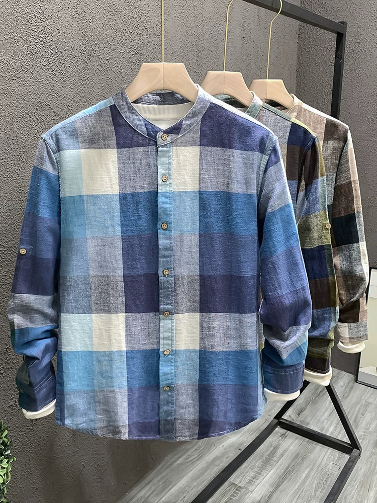 Importé - Chemise Homme Lin Carreau Manche Longue